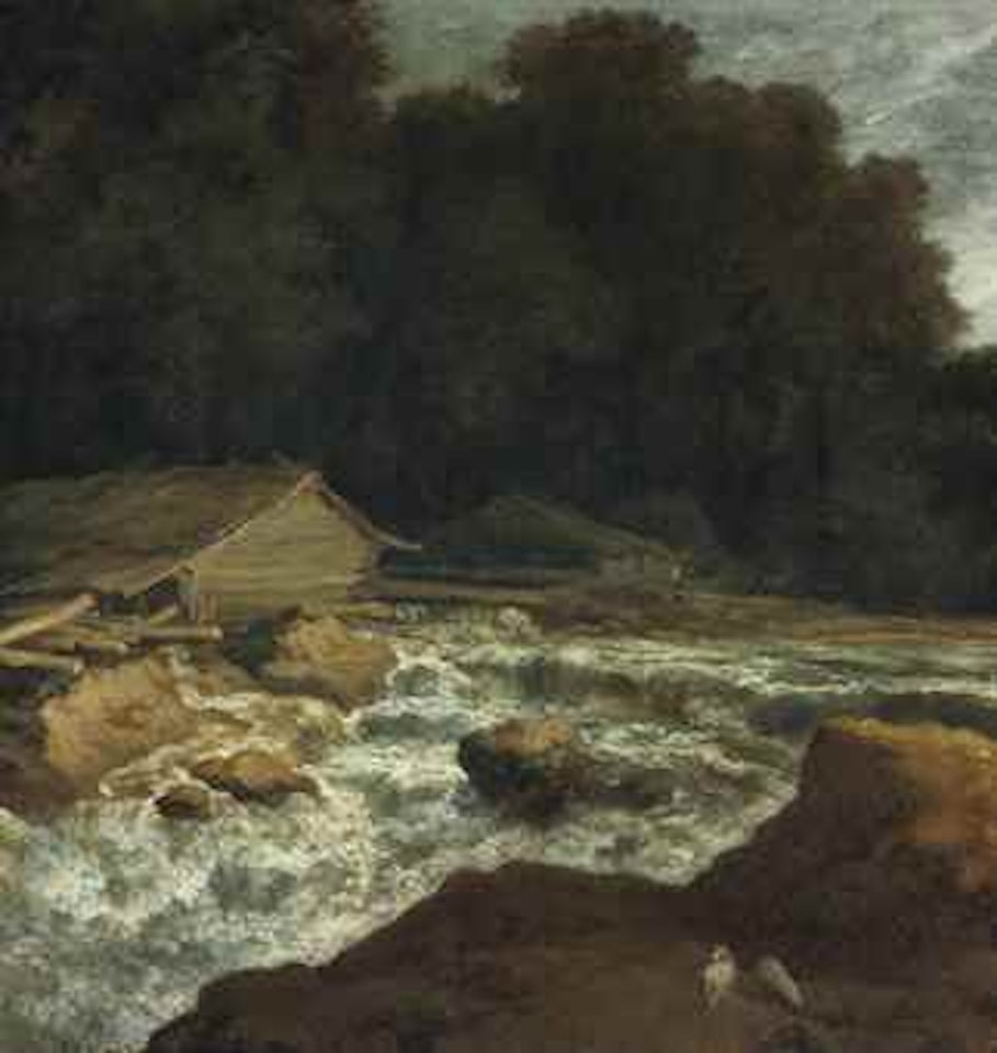 A wooded river landscape with a woodmill by a wier by Allart van Everdingen