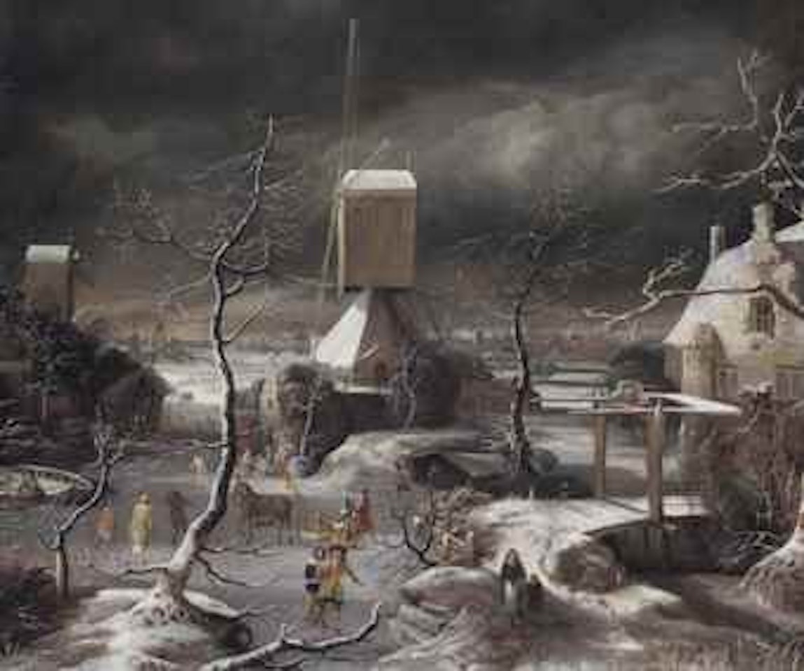 A winter landscape with a horse-drawn sledge, skaters and golfers on a frozen waterway by a windmill, Amsterdam and the IJ beyond by Jan Abrahamsz. Beerstraten