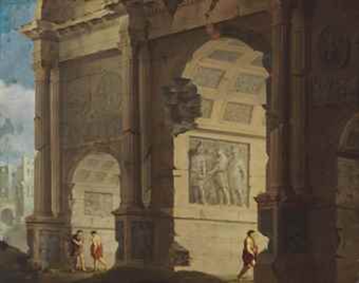The Arch of Constantine, Rome, with classical figures, the Coliseum beyond The Arch of Constantine, Rome, with classical figures, the Coliseum beyond by Dutch School