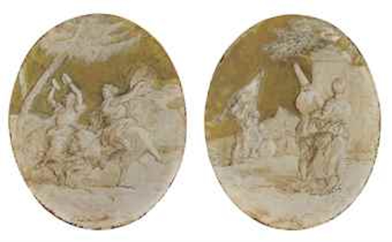 A baccanale with two women dancing in a landscape; and Pulcinella with two other figures from the commedia dell'arte in a landscape by Giovanni Domenico Tiepolo