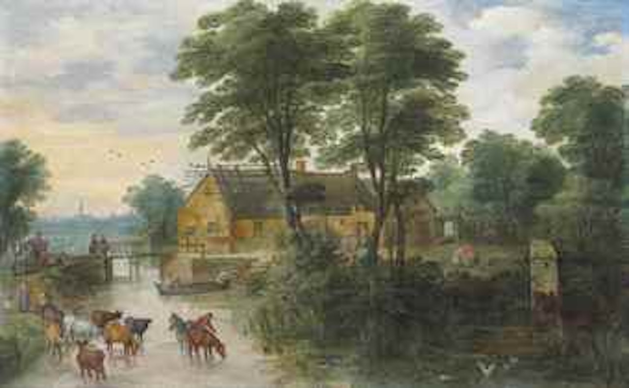A river landscape with cottages and cattle, Antwerp in the distance by Joos de Momper the Younger