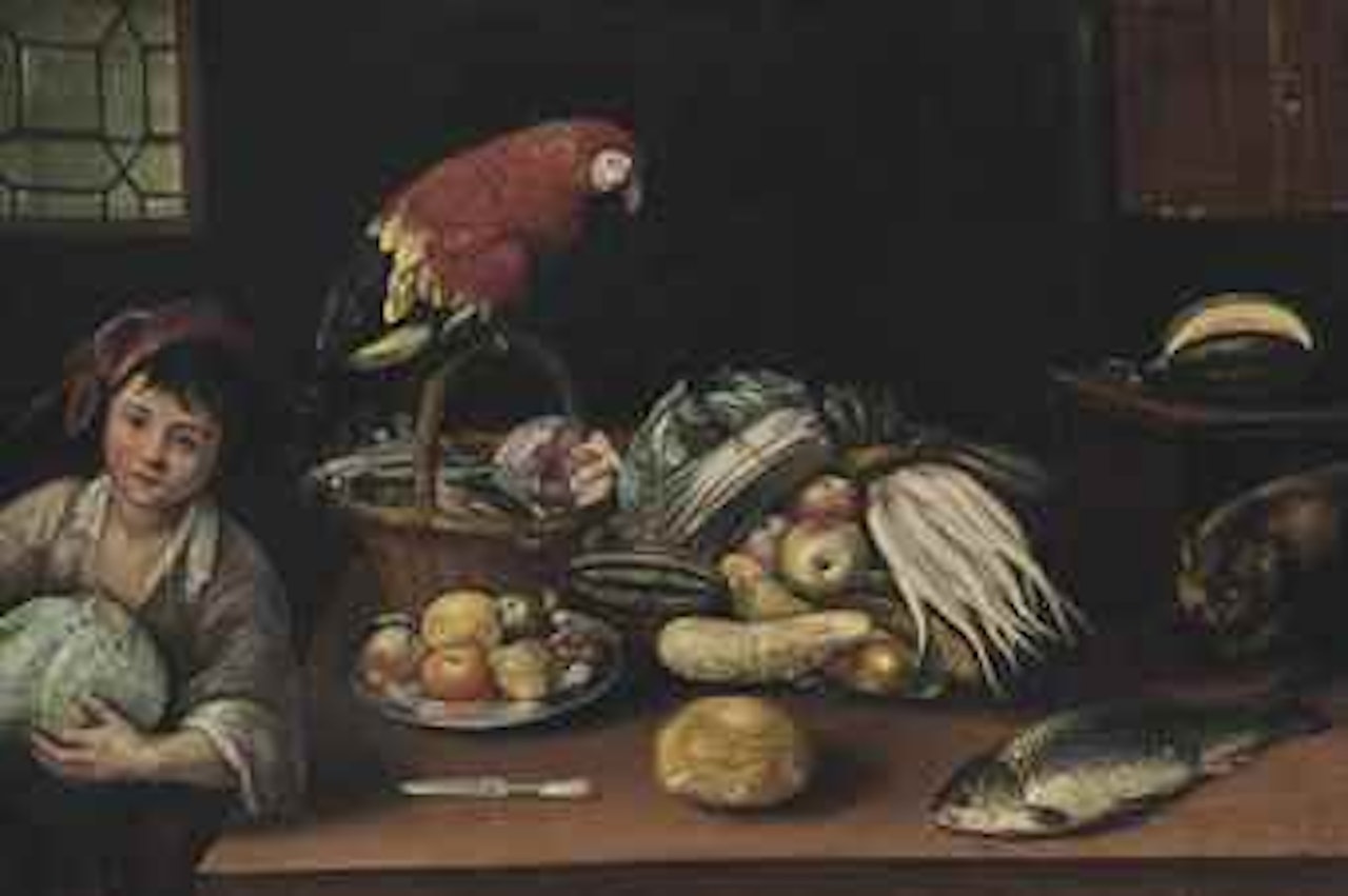 A lemon, apples and pears on a pewter plate, asparagus, pumpkins, apples and other vegetables on a table with a parrot, a fish and a cat, a young boy in a feathered hat beside it holding a cabbage by French School