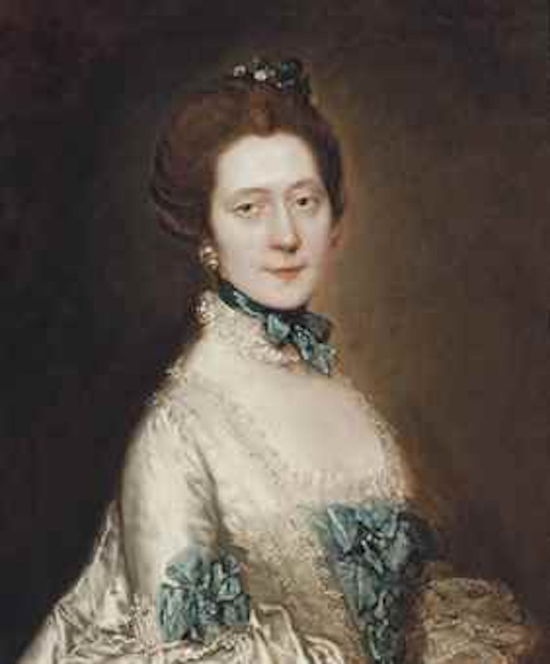 Portrait of Lady Anne Furye, née Greenly (b. 1738), half-length, in a white satin sack-back dress with blue echelles, wearing a blue ribbon and lace choker, with crystal earrings and pompom flowers in her hair by Thomas Gainsborough