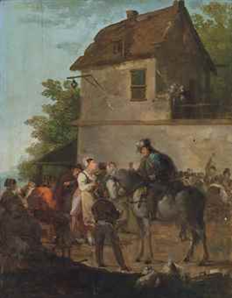 A rider and other figures merry making outside an inn by Giuseppe Bernardino Bison