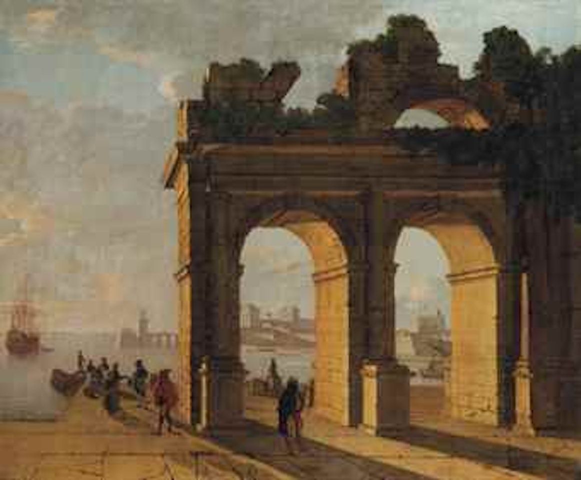 An architectural capriccio with figures, a harbour beyond by Roman School