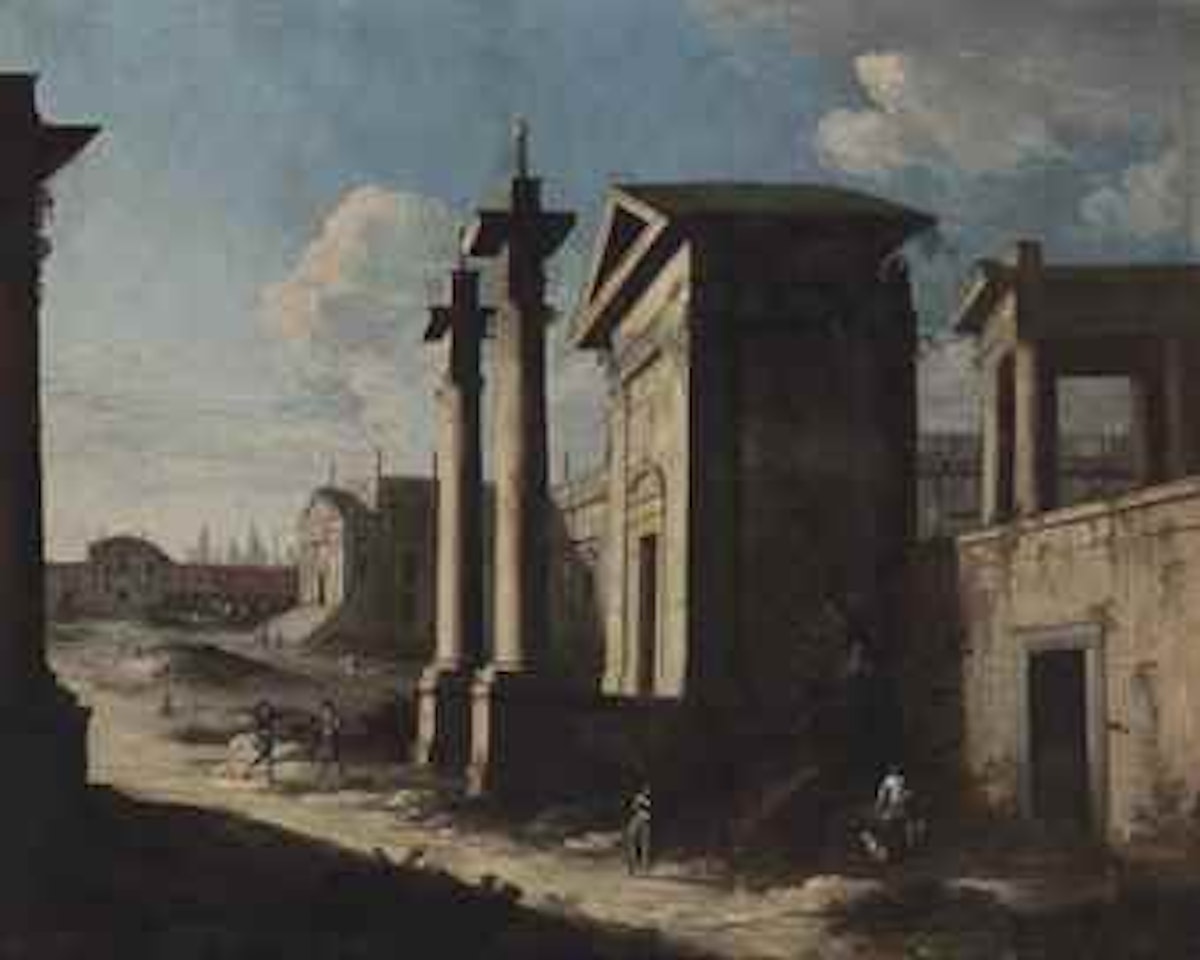 An architectural capriccio with figures conversing by Apollonio Domenichini