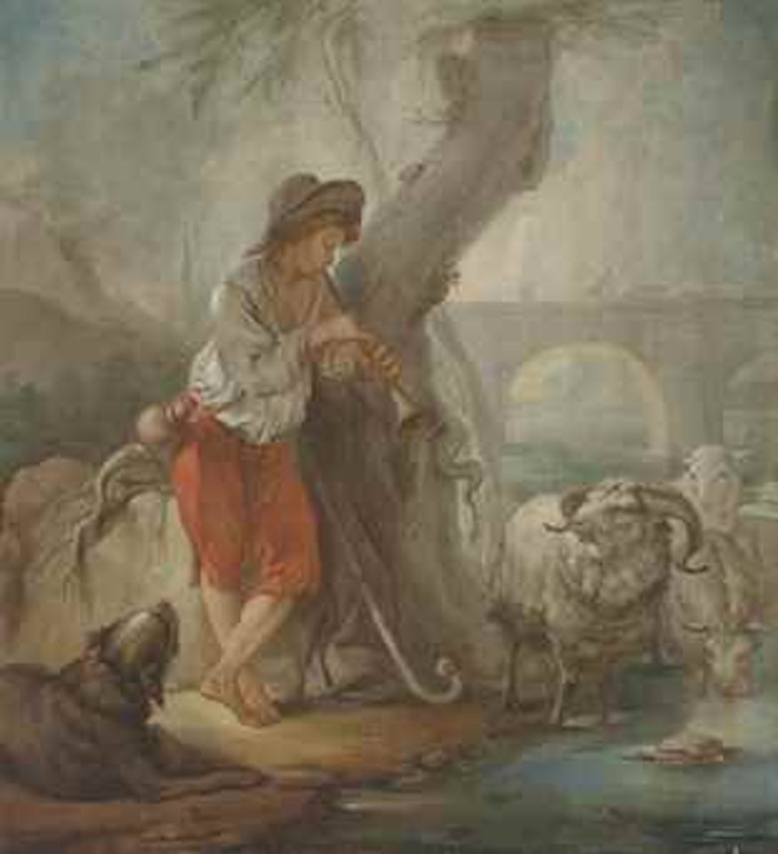 A shepherd boy playing a musical instrument, with sheep and a dog by a stream, a herdsman crossing a bridge beyond by French School