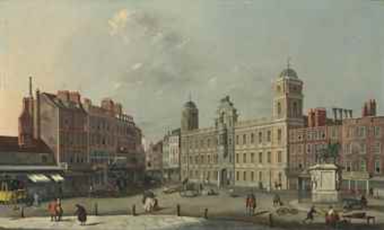 The Strand front of Northumberland House, London, with the equestrian statue of Charles I and figures conversing by Follower of Canaletto