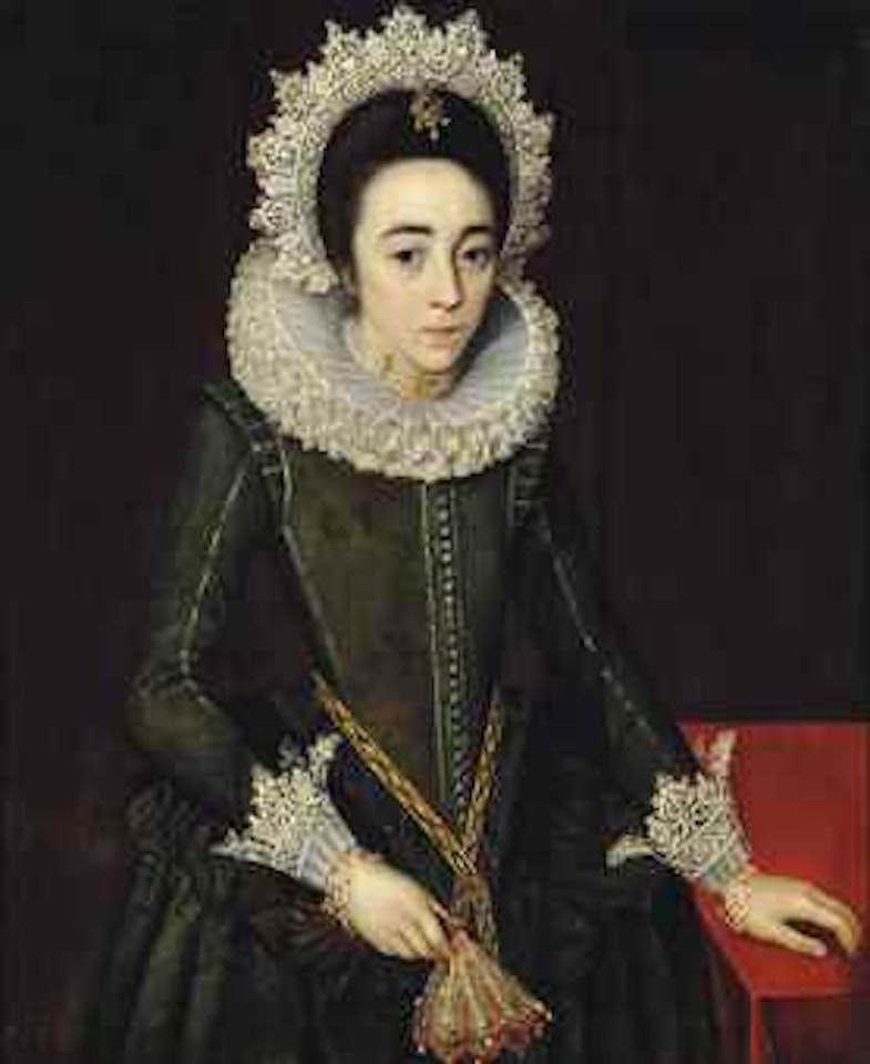 Portrait of a lady, three-quarter-length, in a green dress with lace cuffs, ruff and headdress, gloves in her right hand by English School