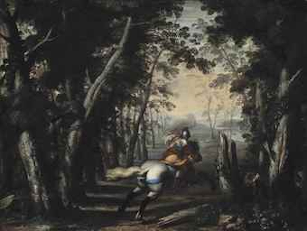 A soldier on horseback in a wooded landscape by Neapolitan School