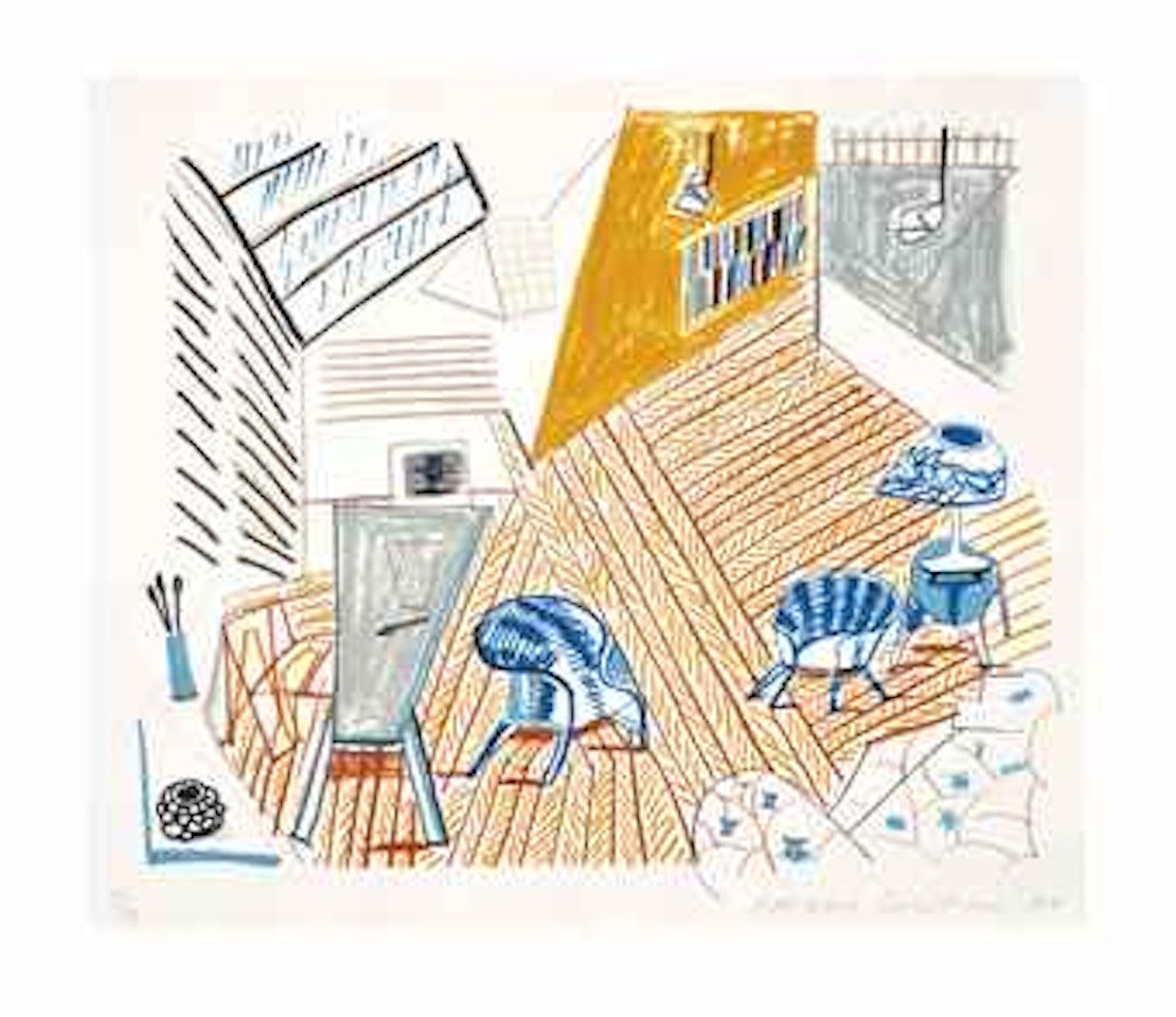 Pembroke Studio with Blue Chairs and Lamp, from Moving Focus by David Hockney
