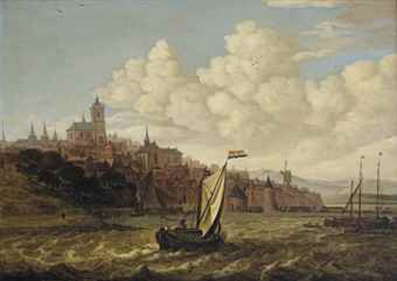 A Dutch pink in choppy waters before a lake-side town, hills in the background by Dutch School