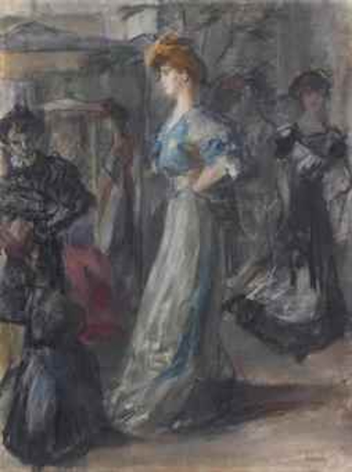 An elegant lady in a fitting room at Hirsch, Amsterdam by Isaac Israels