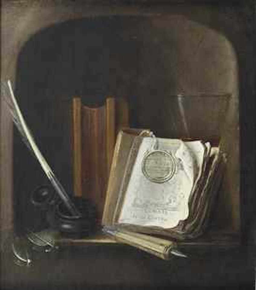 An 'Alkmaar Almanak' by Heems Coster, together with an ink holder and feather quill, a book and a glass in a stone niche by Dutch School