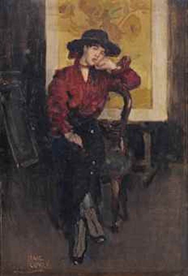 An elegant lady posing before the sunflowers of Vincent van Gogh by Isaac Israels