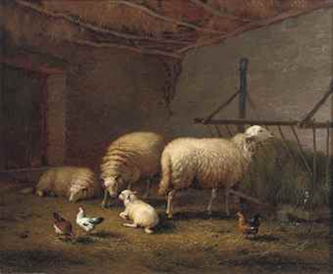 Sheep in the stable by Eugène Joseph Verboeckhoven