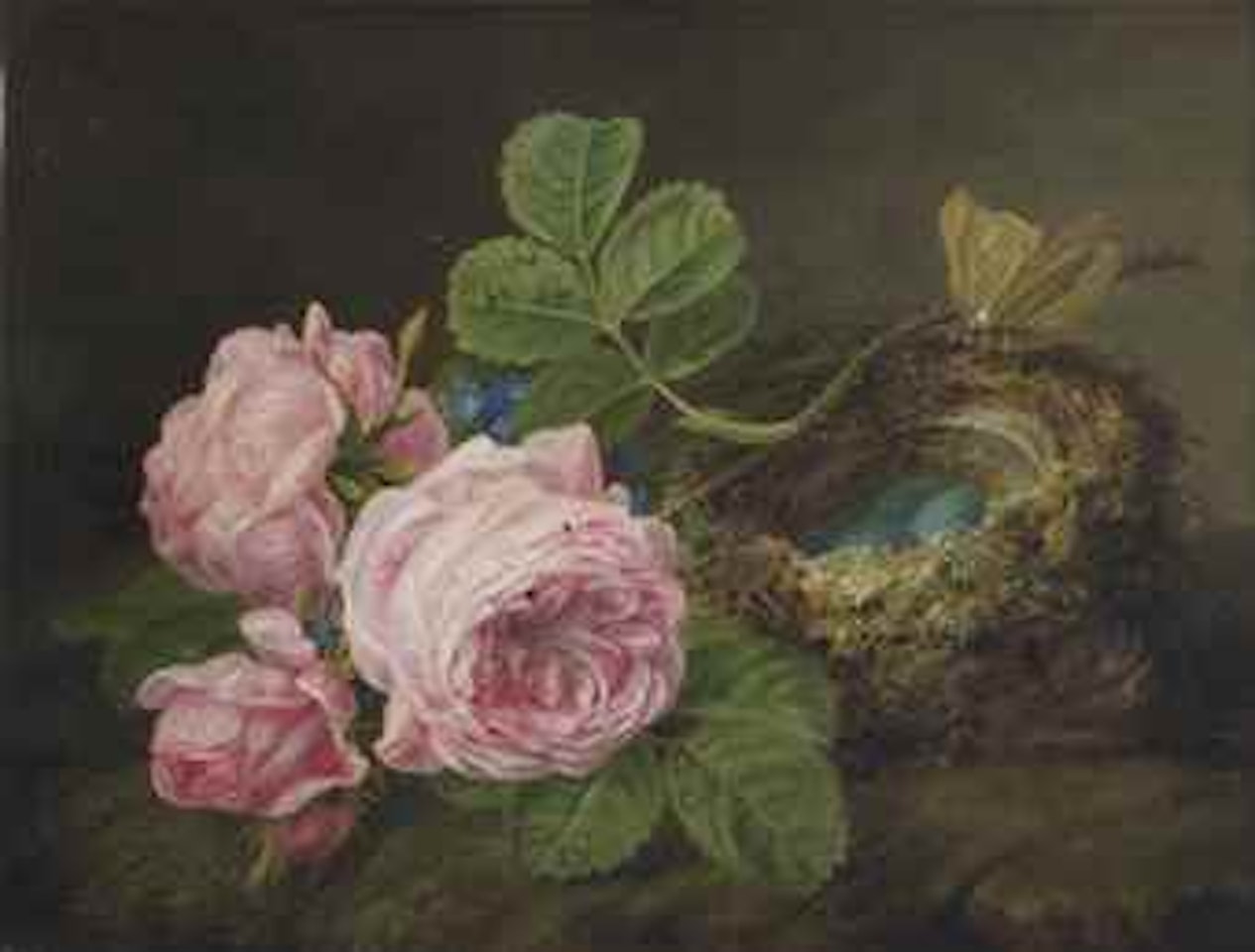 Pink roses and forget-me-nots with a bird's nest on a forest floor by Henriette Ronner-Knip