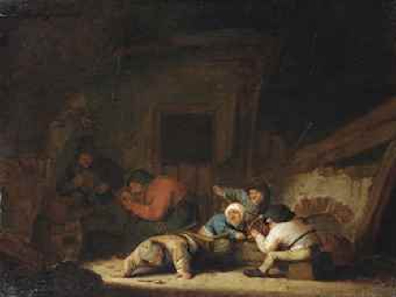 A peasant family making merry in a barn by Adriaen van Ostade