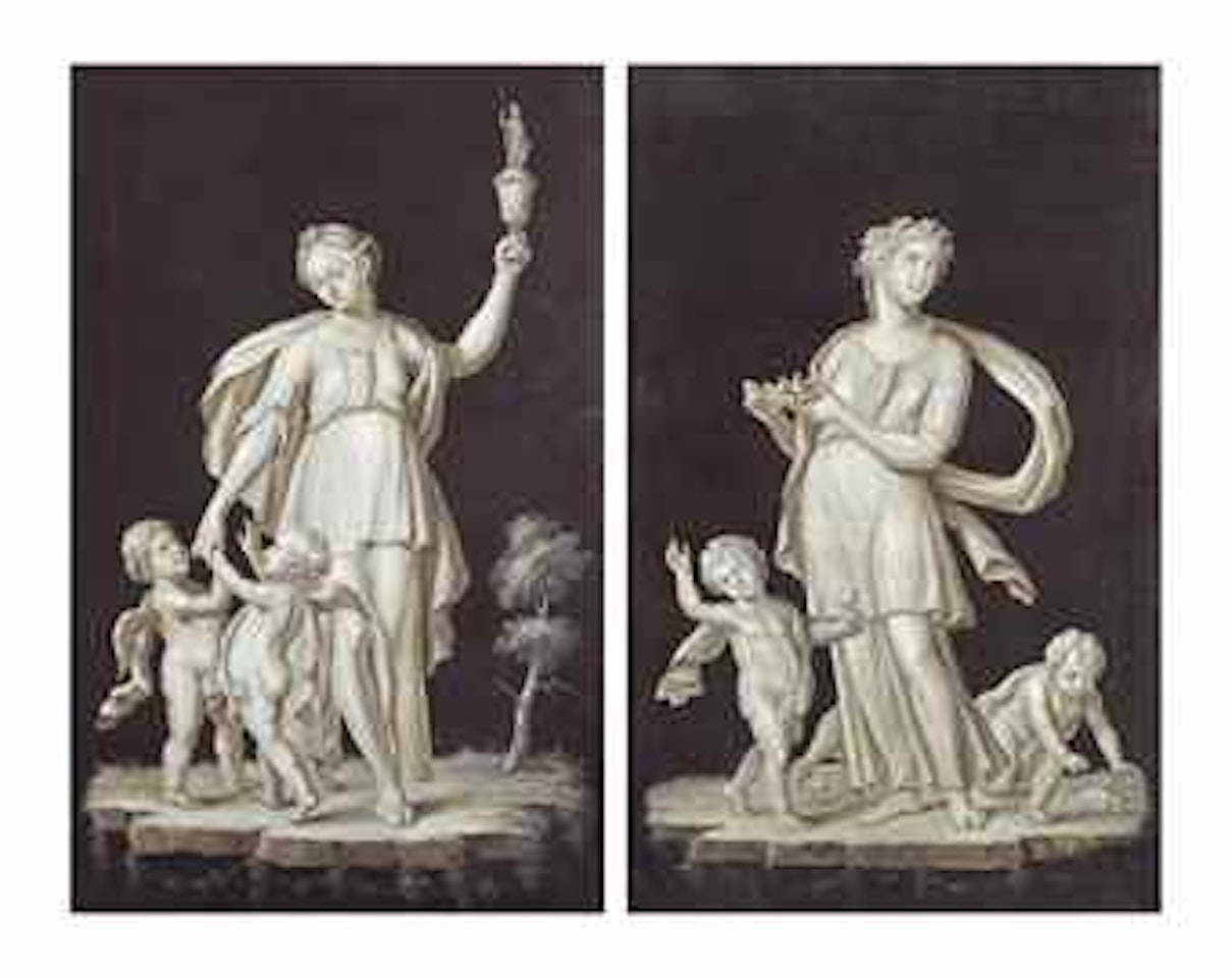 A female allegorical figure holding a goblet topped by a statue of Minerva and two putti; and A female allegorical figure holding a birds nest and two putti with chickens and a rabbit: 'en brunaille' by Dutch School