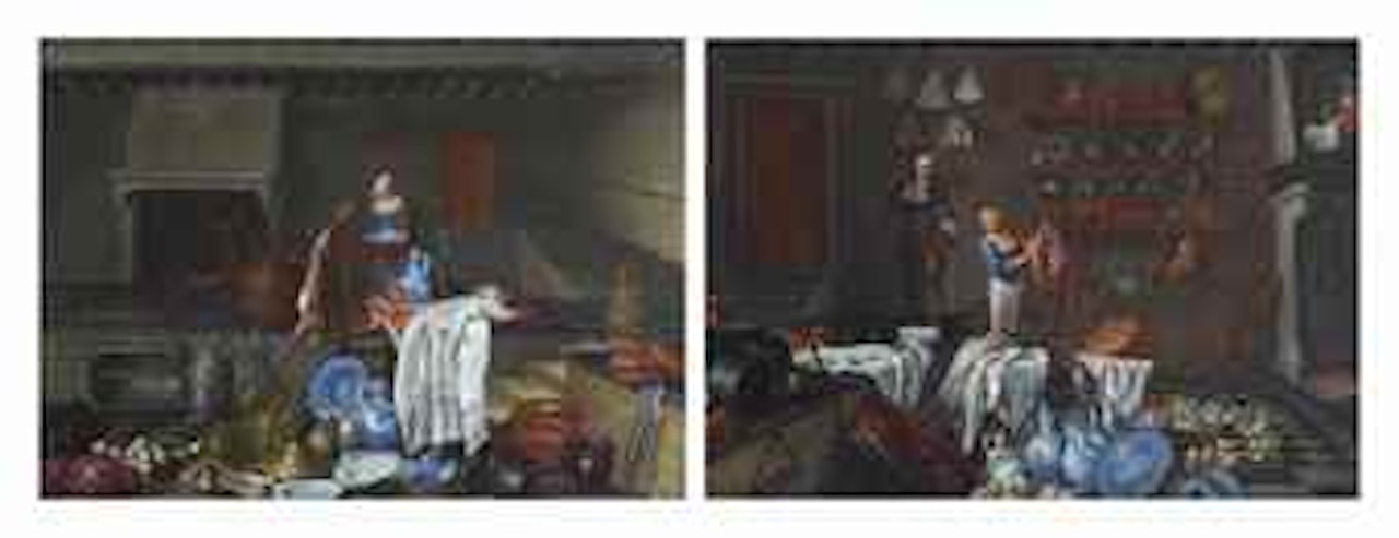 A woman preparing food in a kitchen while conversing with a man, an elaborate still life of white and blue porcelain in the foreground; and A woman carrying a tablet into a kitchen with a man by a fireplace beyond, a still life of brass and tin kitchenware in the foreground by Flemish School