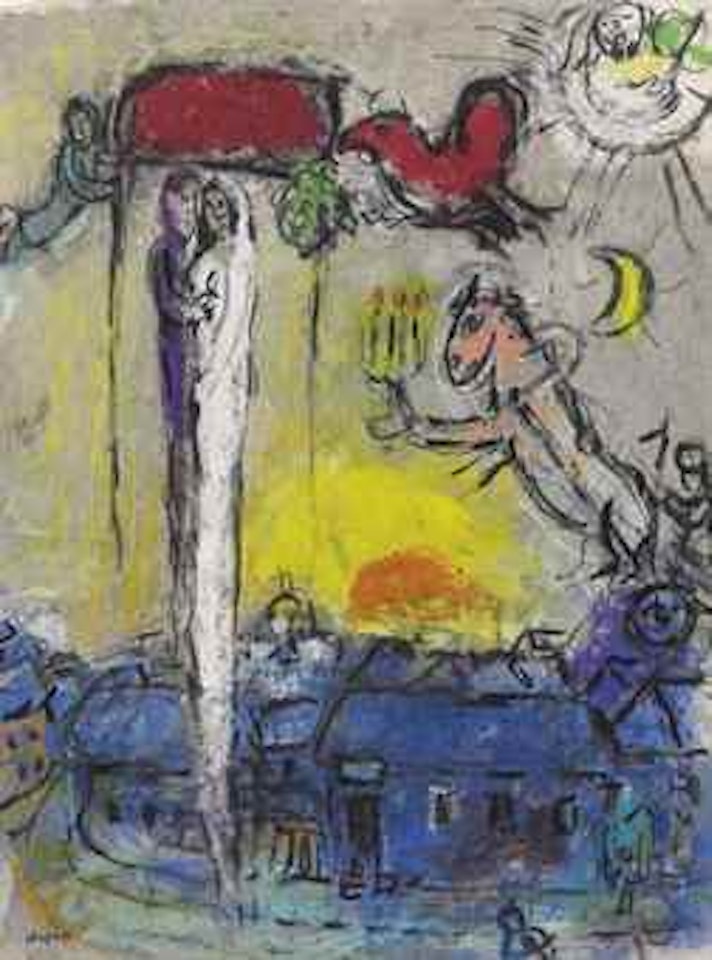 Mariés sous le baldaquin dans le ciel du village by Marc Chagall