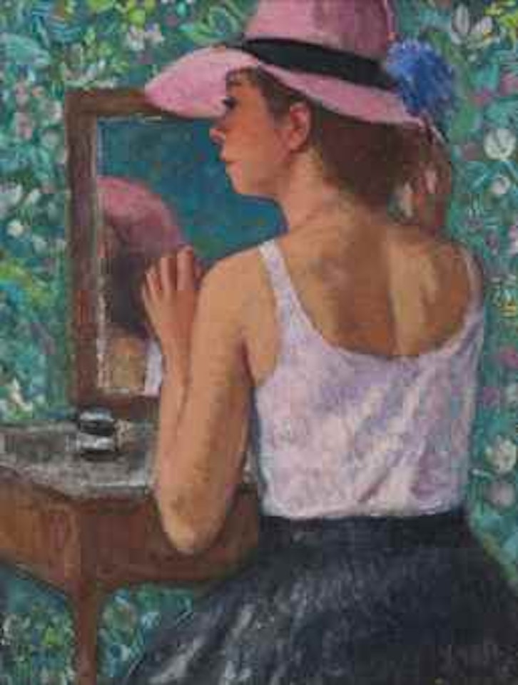 Marie-Lize à la capeline rose devant le miroir by François Gall