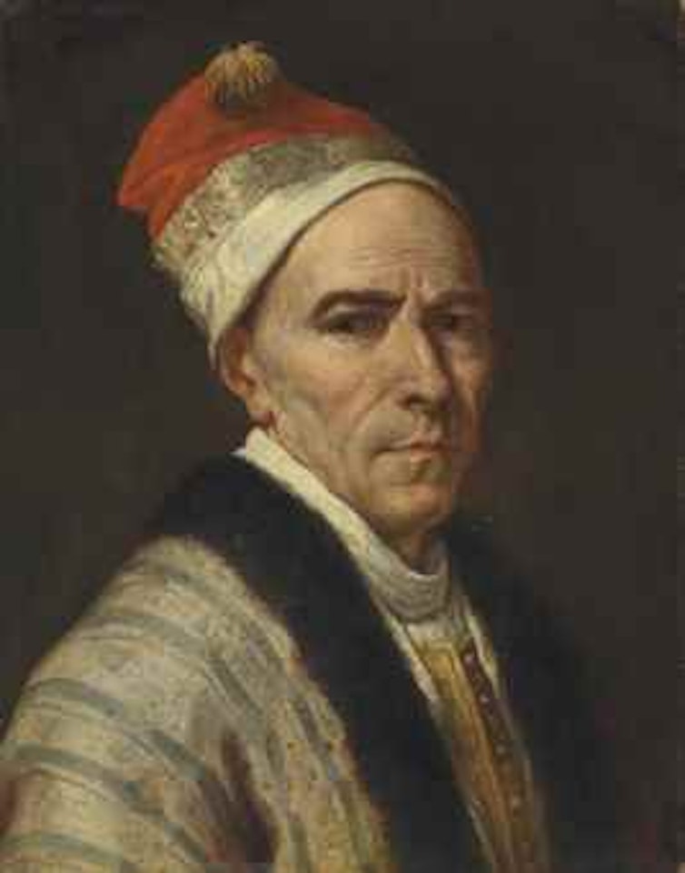 Portrait of a man, bust-length, in a striped fur-trimmed banyan and a yellow waistcoat, with a red embroidered negligee cap by Venetian School