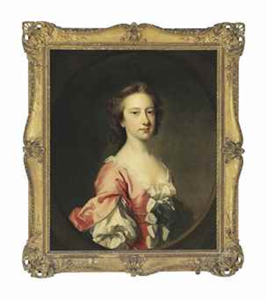Portrait of Lady Anne Brudenell (d. 1786), half-length, in a pink dress with cuffed sleeves and pearls in her hair, in a painted oval by Thomas Hudson