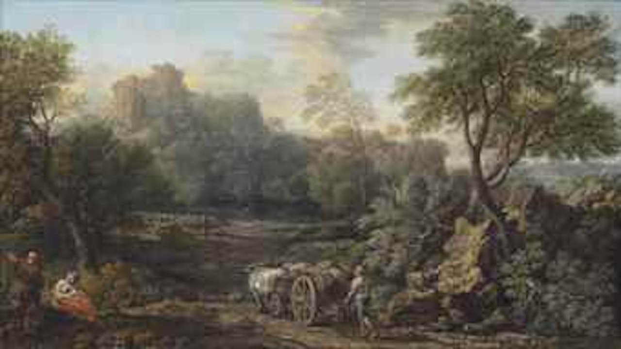 A wooded river landscape with a farmer and his ox-drawn cart on a path by John Wootton