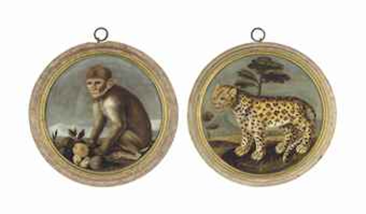 A seated monkey with fruit in a landscape; and A leopard in a landscape, with a mountain beyond by Florentine School