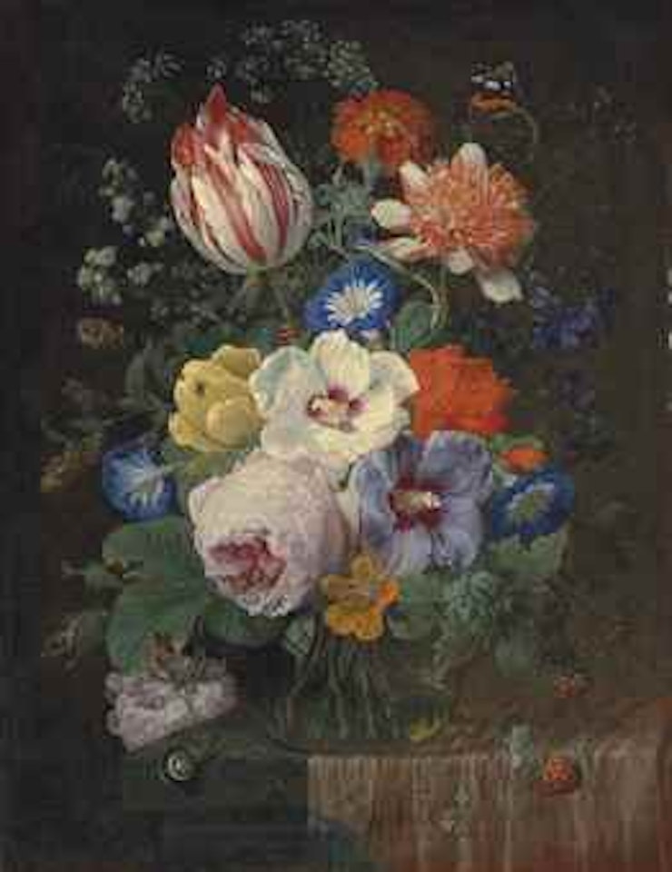 Peonies, carnations, morning glory, a Semper Augustus tulip and other flowers in a glass vase, with a snail, a butterfly, a dragonfly and other insects on a partially-draped ledge by Nicolaes Van Veerendael