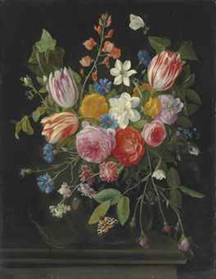 Tulips, peonies, chicory, carnations, cherry blossom and other flowers in a glass vase, with butterflies, a bee and a lizard on a ledge by Jan Van Kessel The Elder