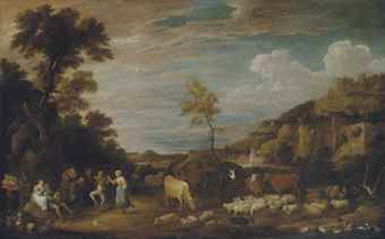 A mountainous landscape with figures merrymaking near cows, sheep, pigs and other animals, a fortified village beyond by David Teniers II