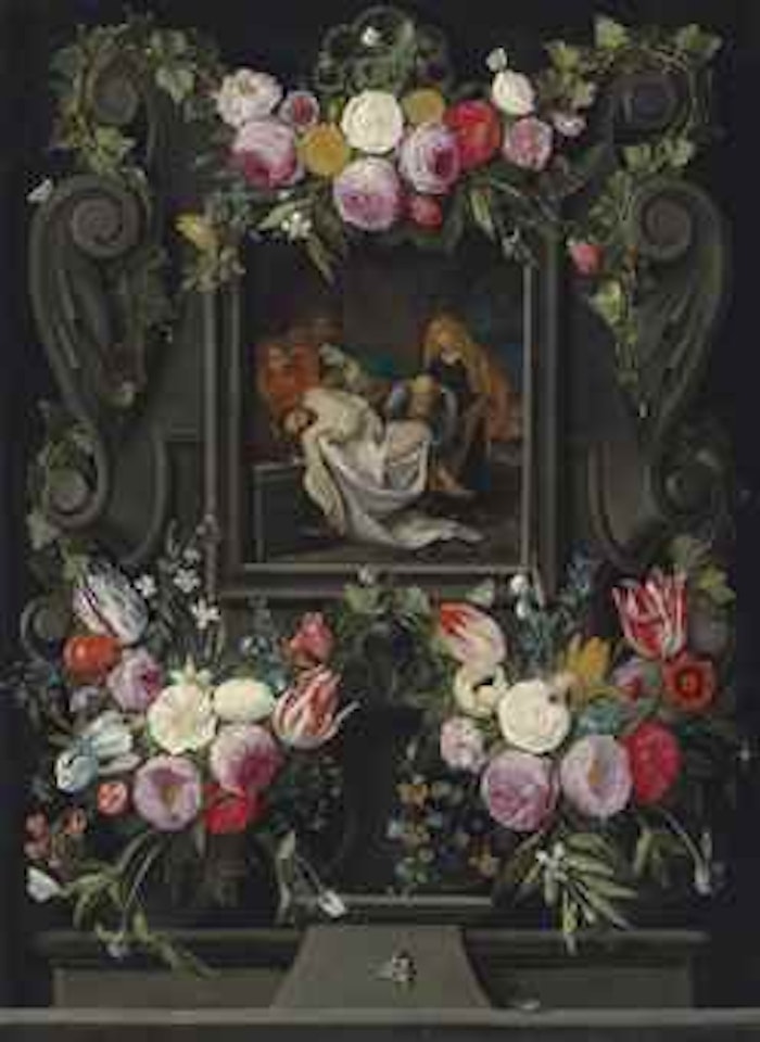 The Lamentation, in a sculpted cartouche on a ledge, surrounded by swags of flowers with butterflies and a beetle by Jan Van Kessel The Elder
