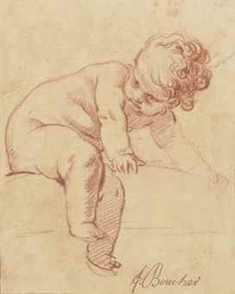 A seated putto, leaning forwards and supporting himself on his hands by Francois Boucher