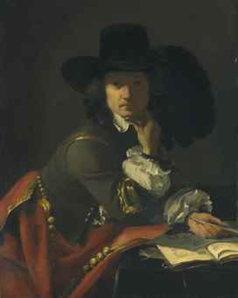 Portrait of a gentleman, half-length, seated at a draped table, in a broadbrimmed, plumed hat and a gold-embroidered doublet and mantle, holding a crayon with a sheet of drawing, a copy of the Funerali Antichi, and a sealed letter by Dutch School