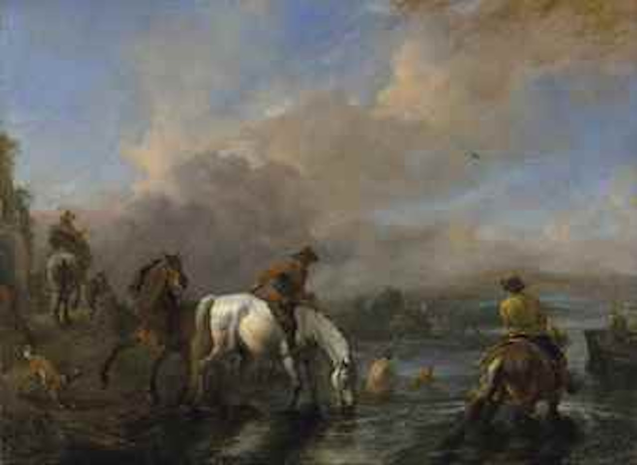 A river landscape with riders watering horses by Philips Wouwerman