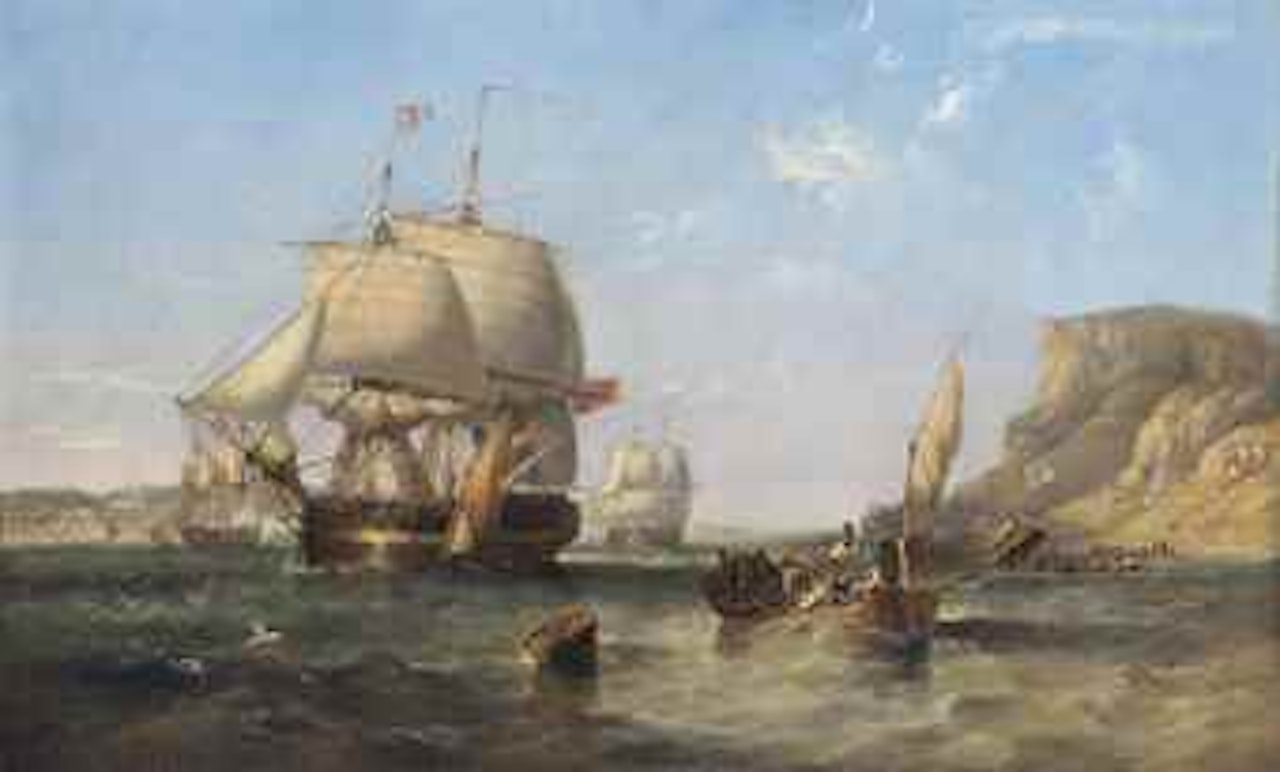 HMS Donegal, 74-guns, flying the flag of Rear-Admiral Sir John Ommanney, heading down the Tagus past the Church of Santa-Engracia, the river crowded with small craft including a Portuguese royal barge, and the vessel astern of the flagship almost certainly the 74-gun HMS Edinburgh by John Wilson Carmichael