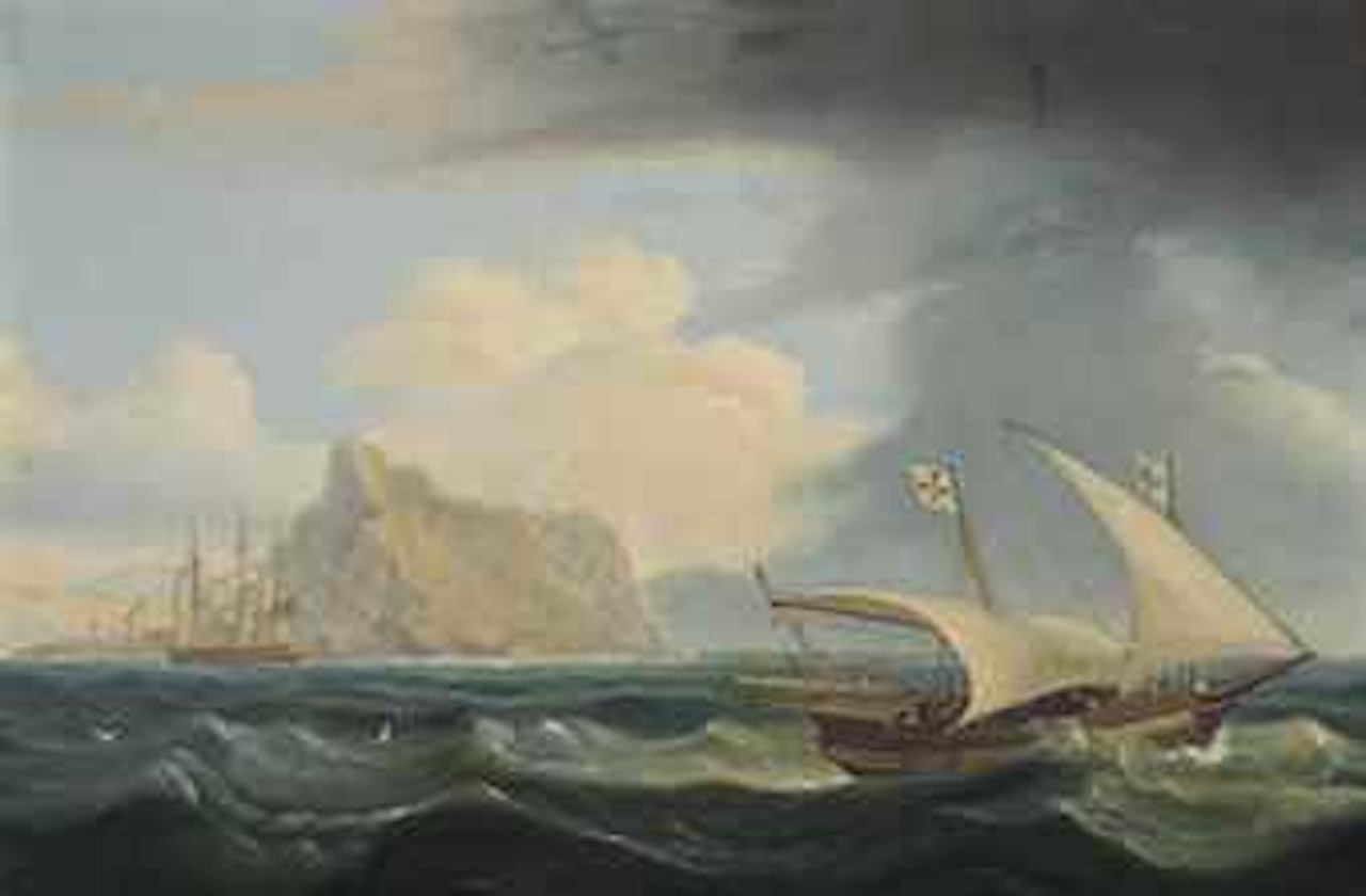 A British warship and a Maltese xebec in the straits of Gibraltar by Thomas Luny