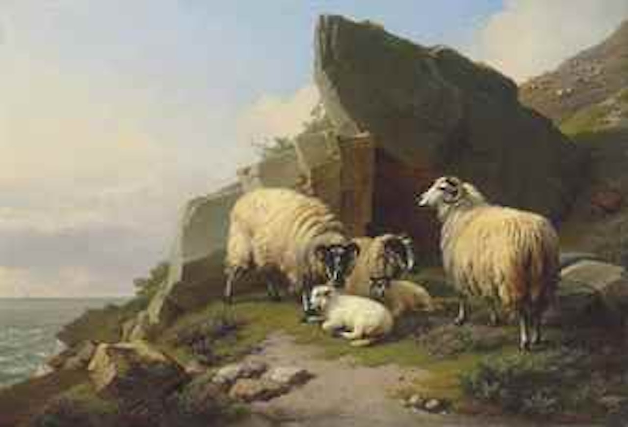 Sheep grazing on a rocky outcrop by Eugène Joseph Verboeckhoven