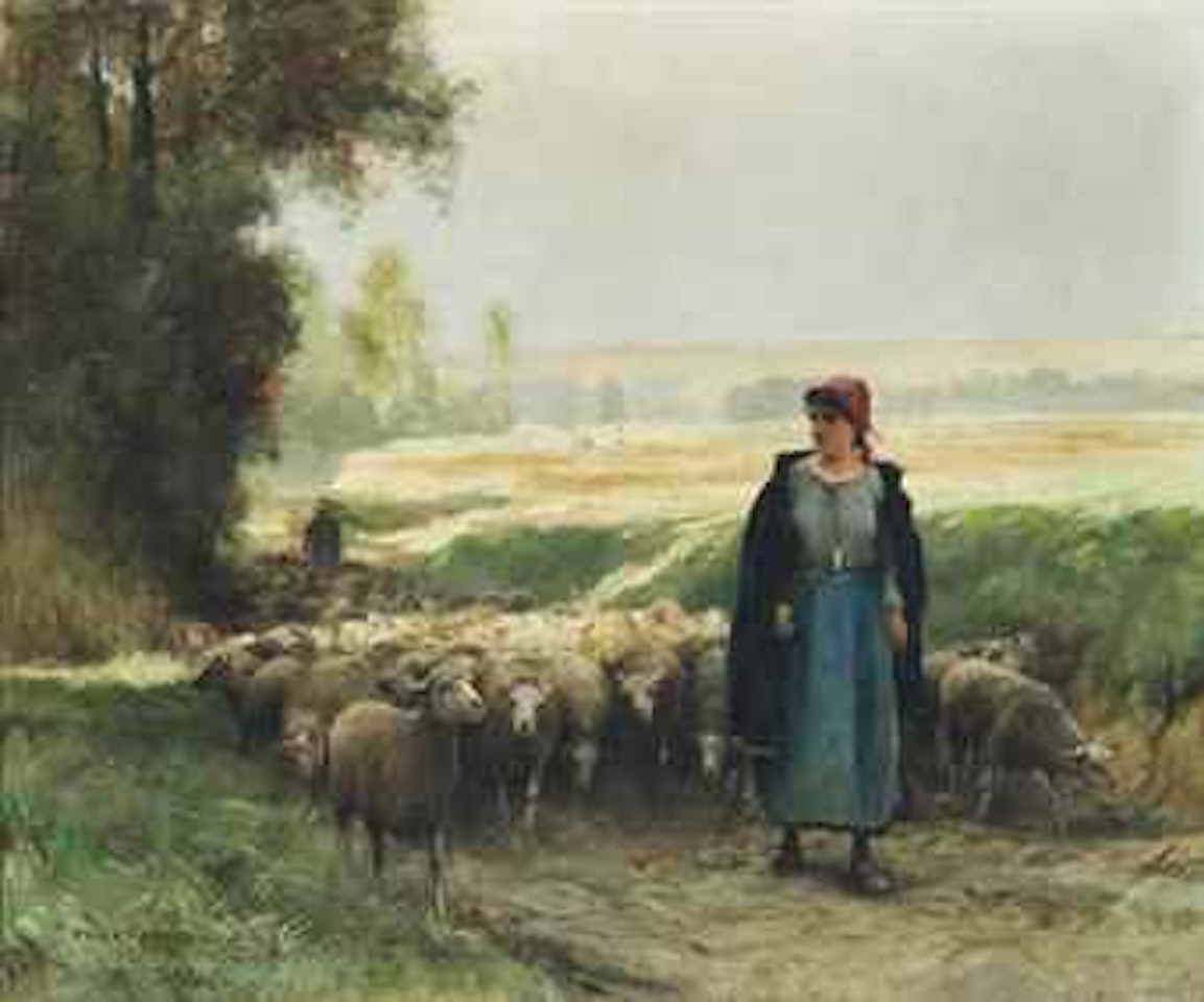 A shepherd girl guiding a flock of sheep by Julien Dupré