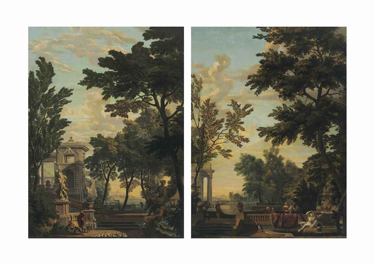 An Italianate garden with figures; and An Italianate garden with figures by a fountain by Isaac de Moucheron