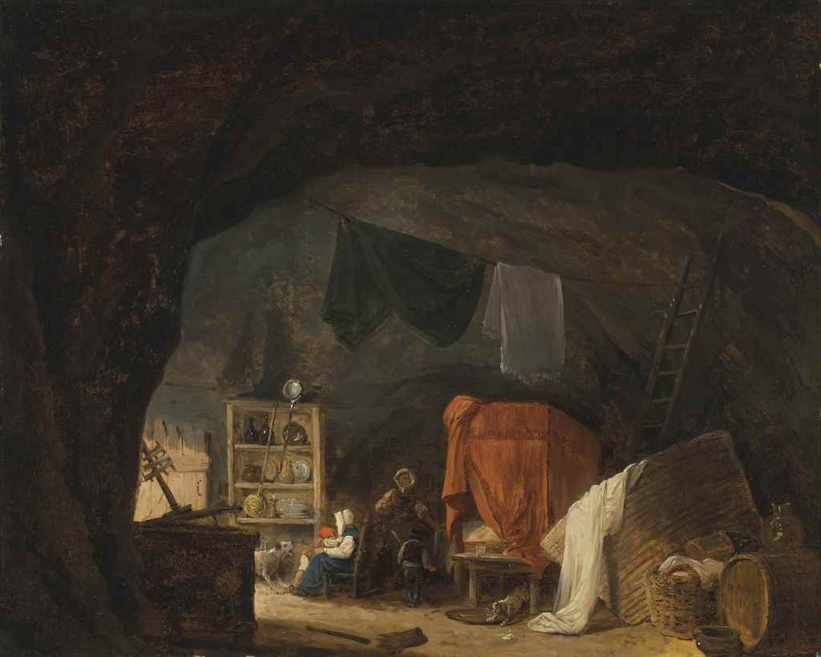 A family in a cave interior by Hubert Robert