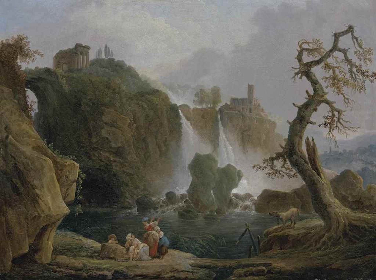 A capriccio of Tivoli with peasants resting before a waterfall, classical ruins and a villa beyond by Hubert Robert