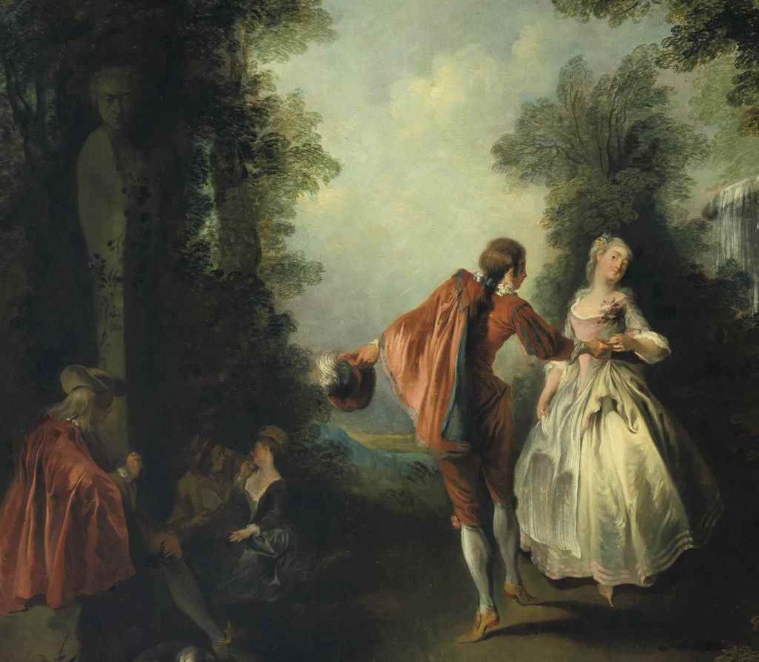 Elegant figures dancing in a wooded landscape by Nicolas Lancret
