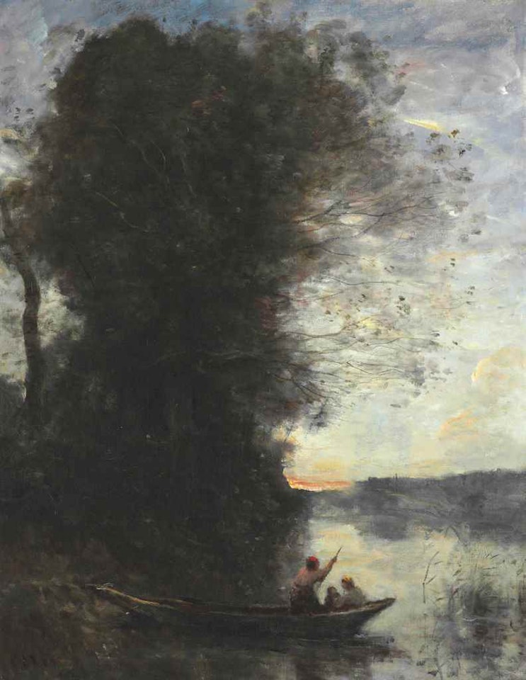 Le batelier quittant la rive avec une femme et un enfant assis dans sa barque (soleil couchant) by Jean Baptiste Camille Corot