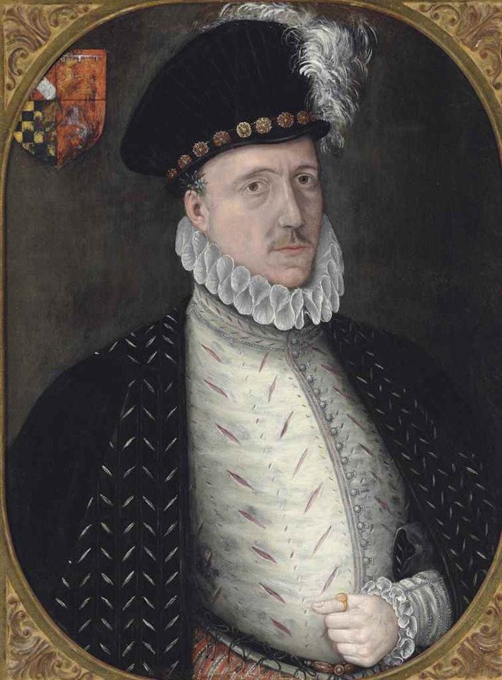 Portrait of Charles Howard, 1st Earl of Nottingham, 2nd Baron Howard of Effingham (1536–1624), half-length, with his coat of arms by English School