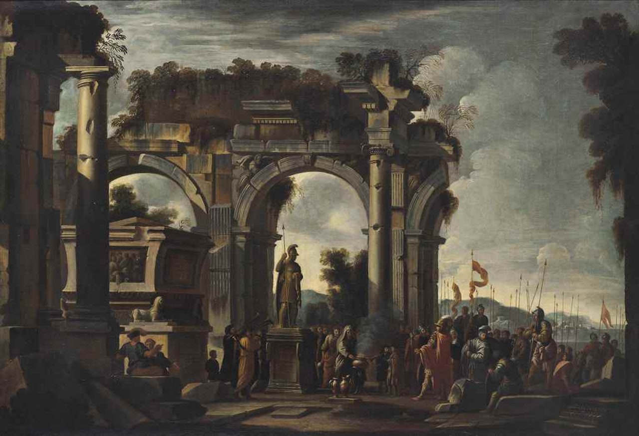 A capriccio landscape with Alexander visiting the tomb of Achilles by Giovanni Ghisolfi