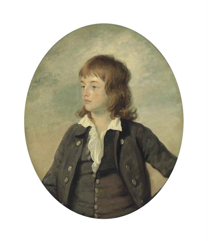 Portrait of a boy, bust-length, in a green coat by English School