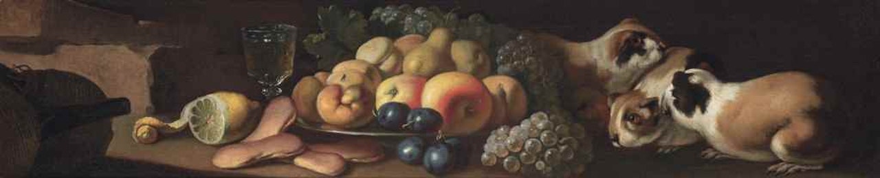 Pears, peaches, grapes and other fruit with sweetmeats and guinea pigs by Roman School
